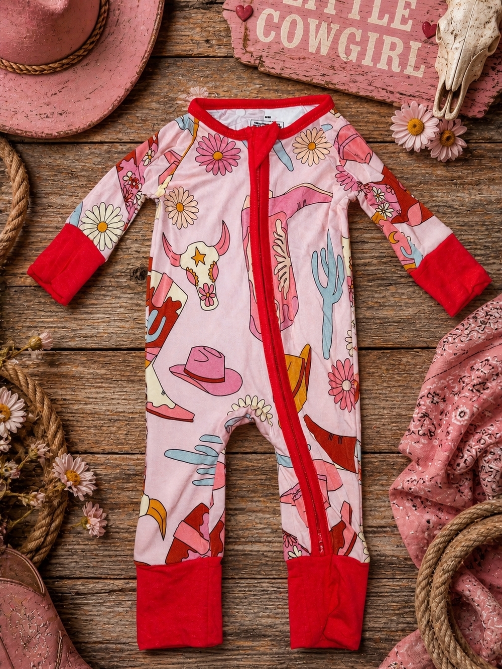 NWOT Newborn One-Piece Bamboo Romper - Pink Floral Cowgirl Print